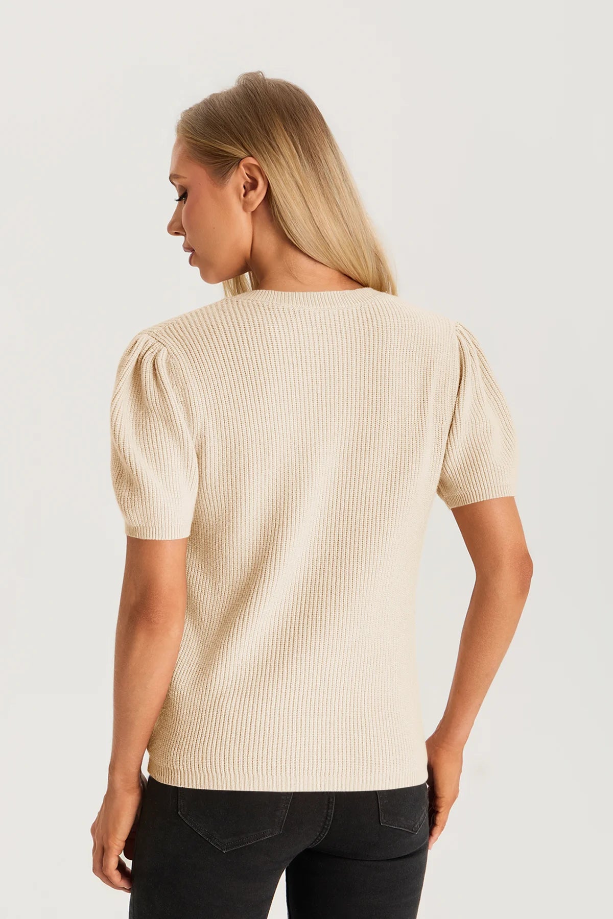 Womens Khaki Puff Short Sleeve Sweater 2