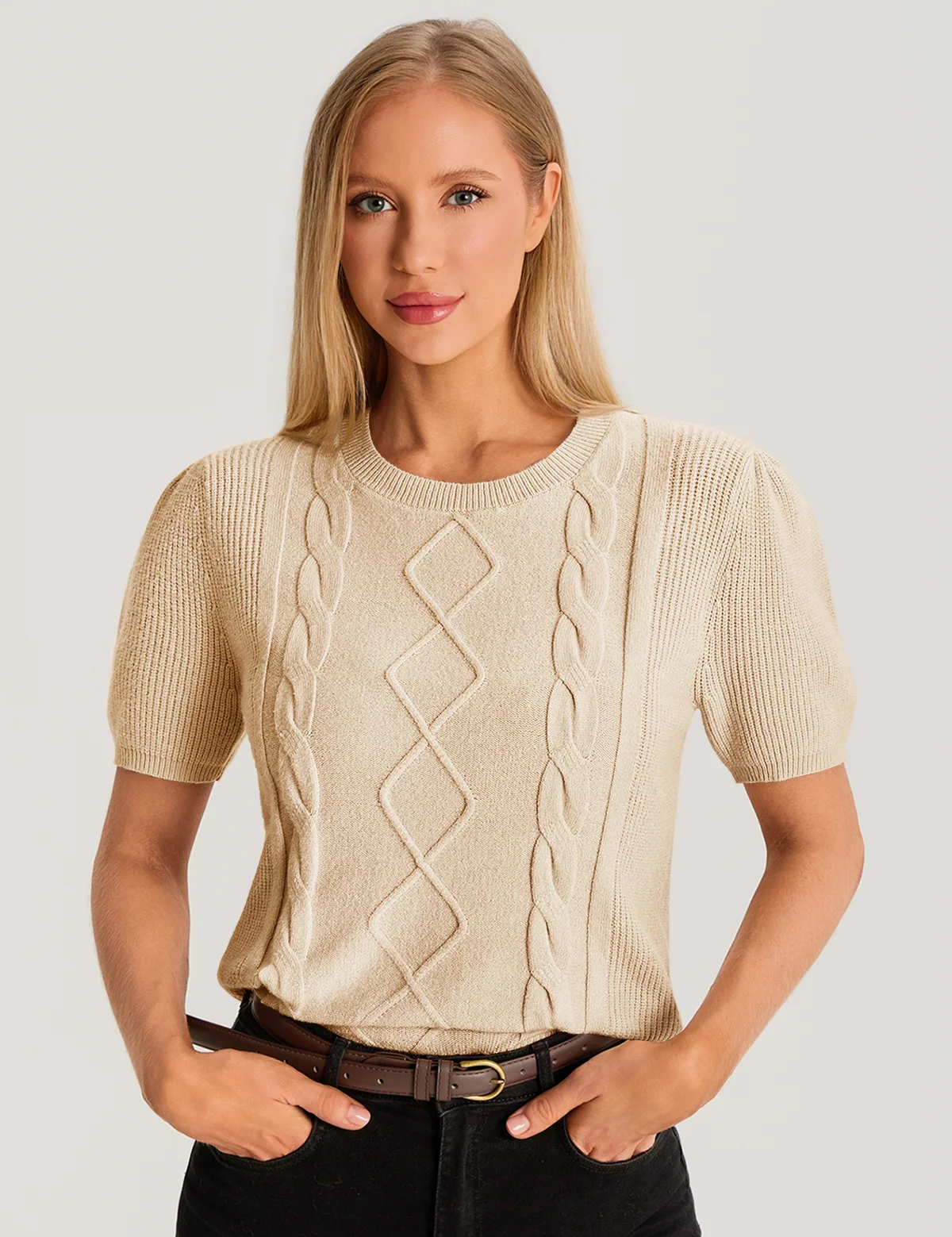 Womens Khaki Puff Short Sleeve Sweater 3