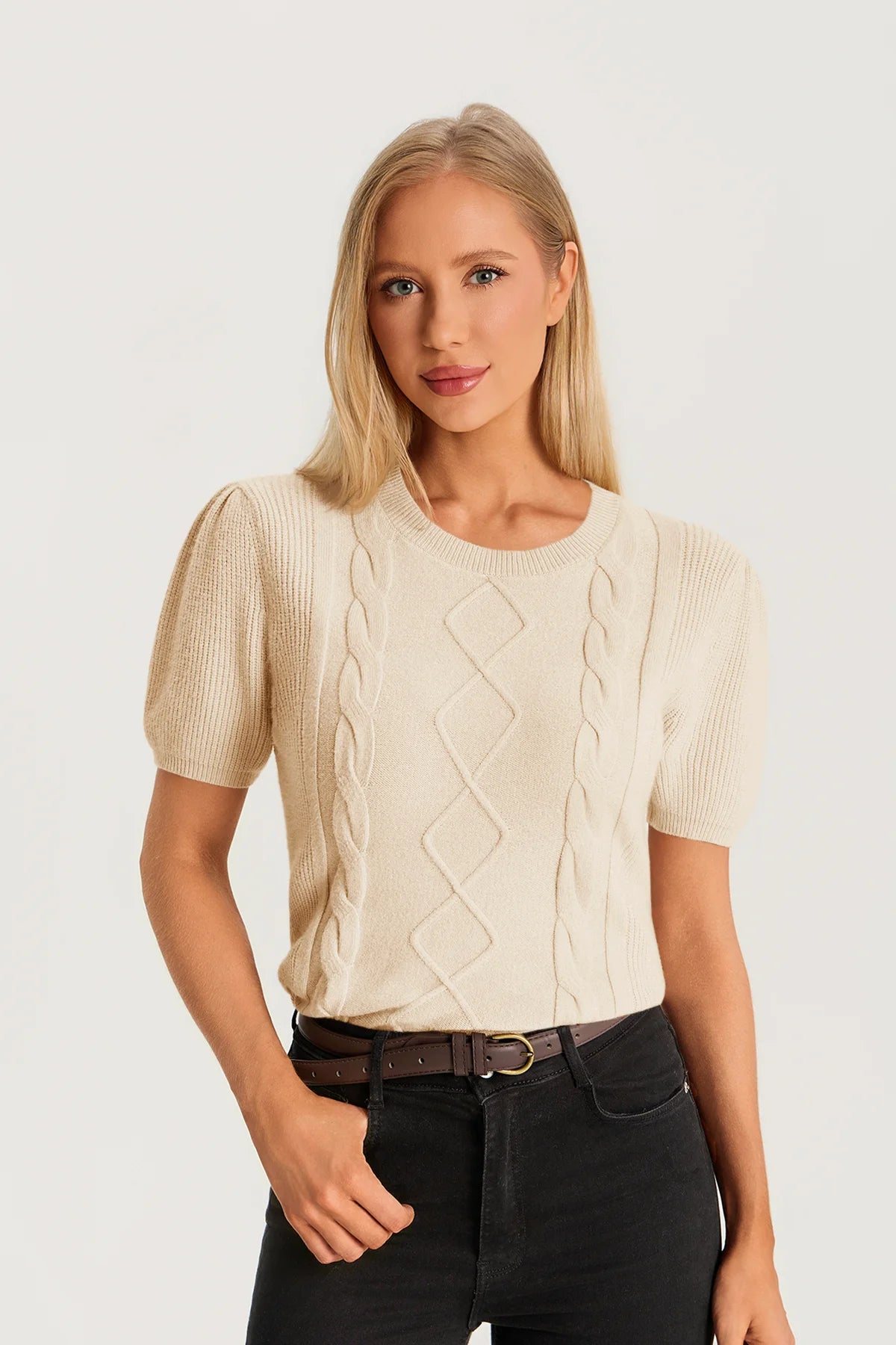 Womens Khaki Puff Short Sleeve Sweater | CicyBell