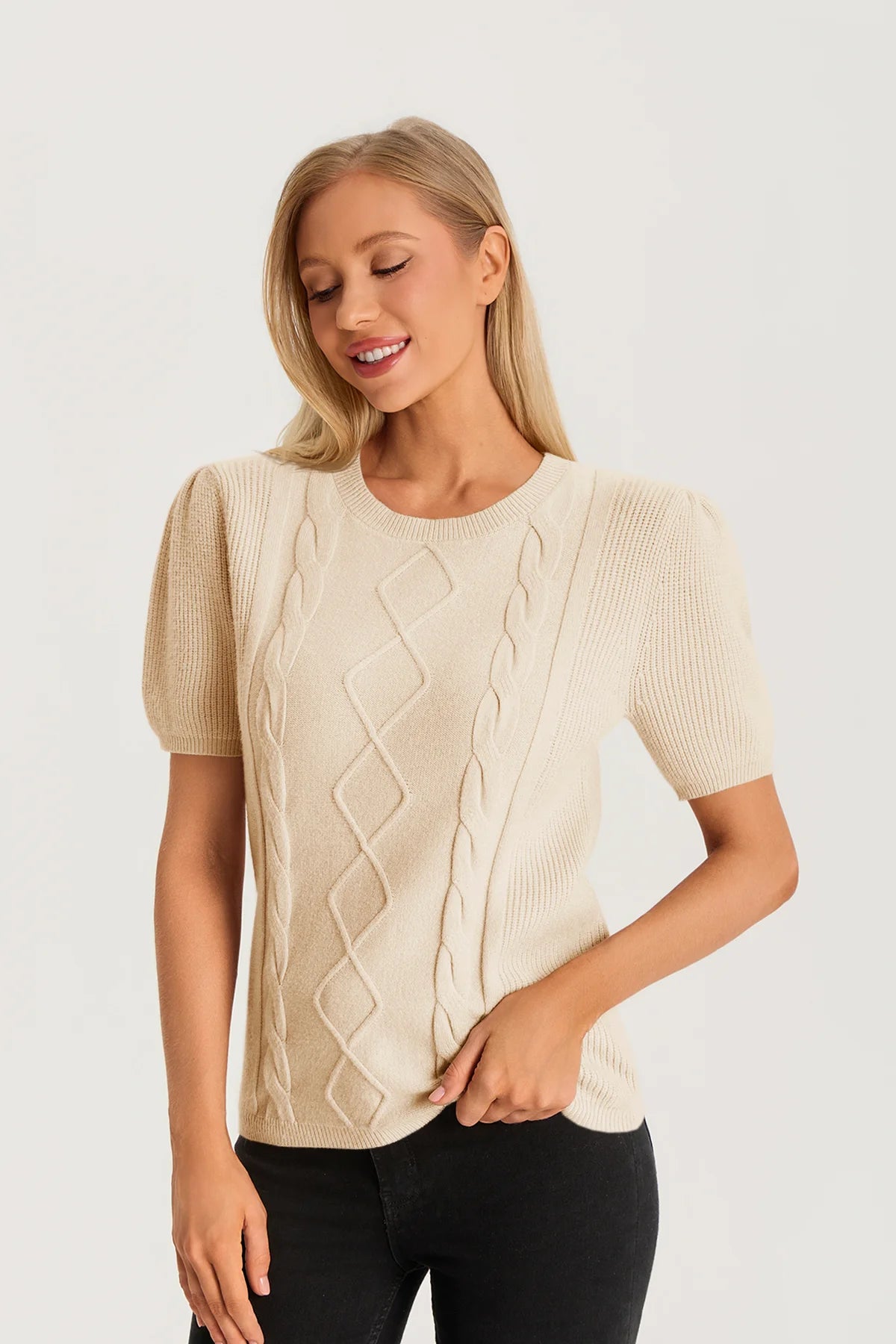 Womens Khaki Puff Short Sleeve Sweater | CicyBell