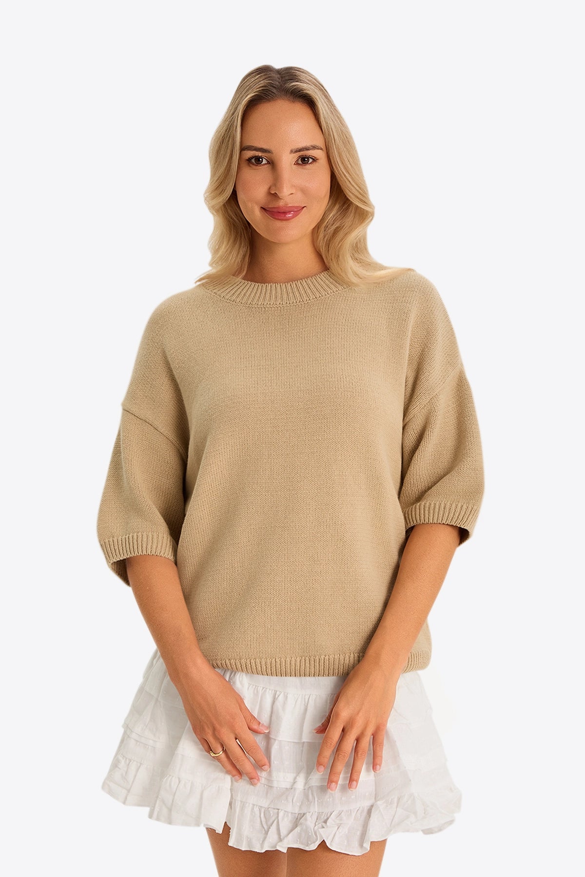 Womens Khaki Half Sleeve Sweaters 1