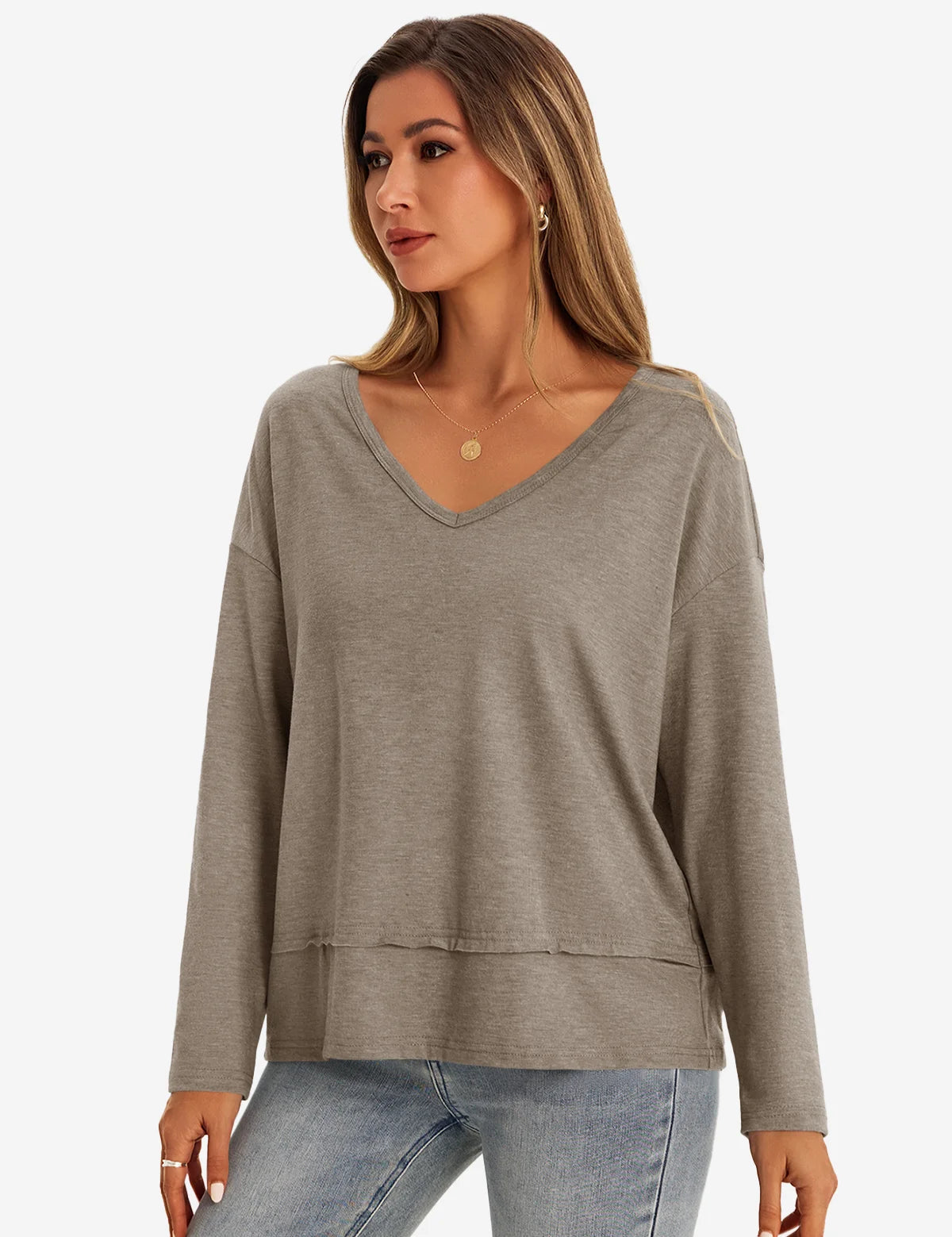 Womens Khaki V Neck Casual Flowy Tops 1