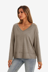Womens Khaki V Neck Casual Flowy Tops 1