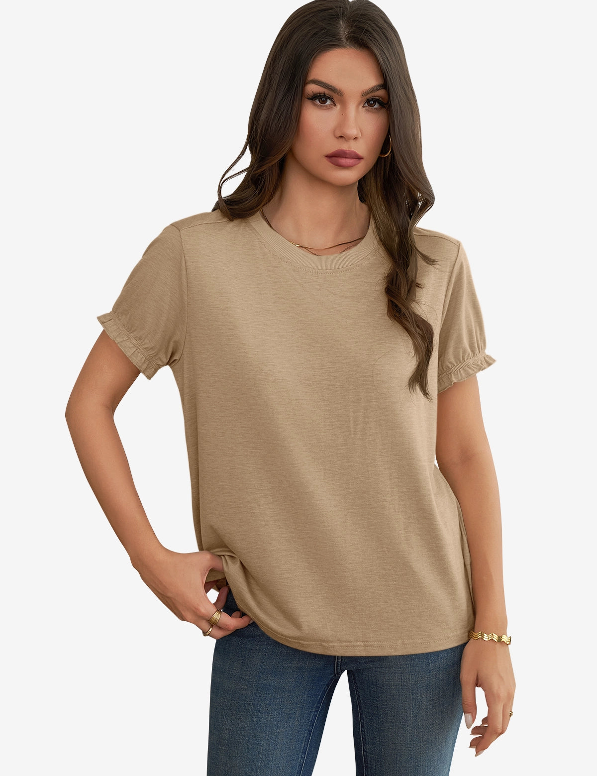 Womens Khaki Ruffle Short Sleeve T Shirt 1