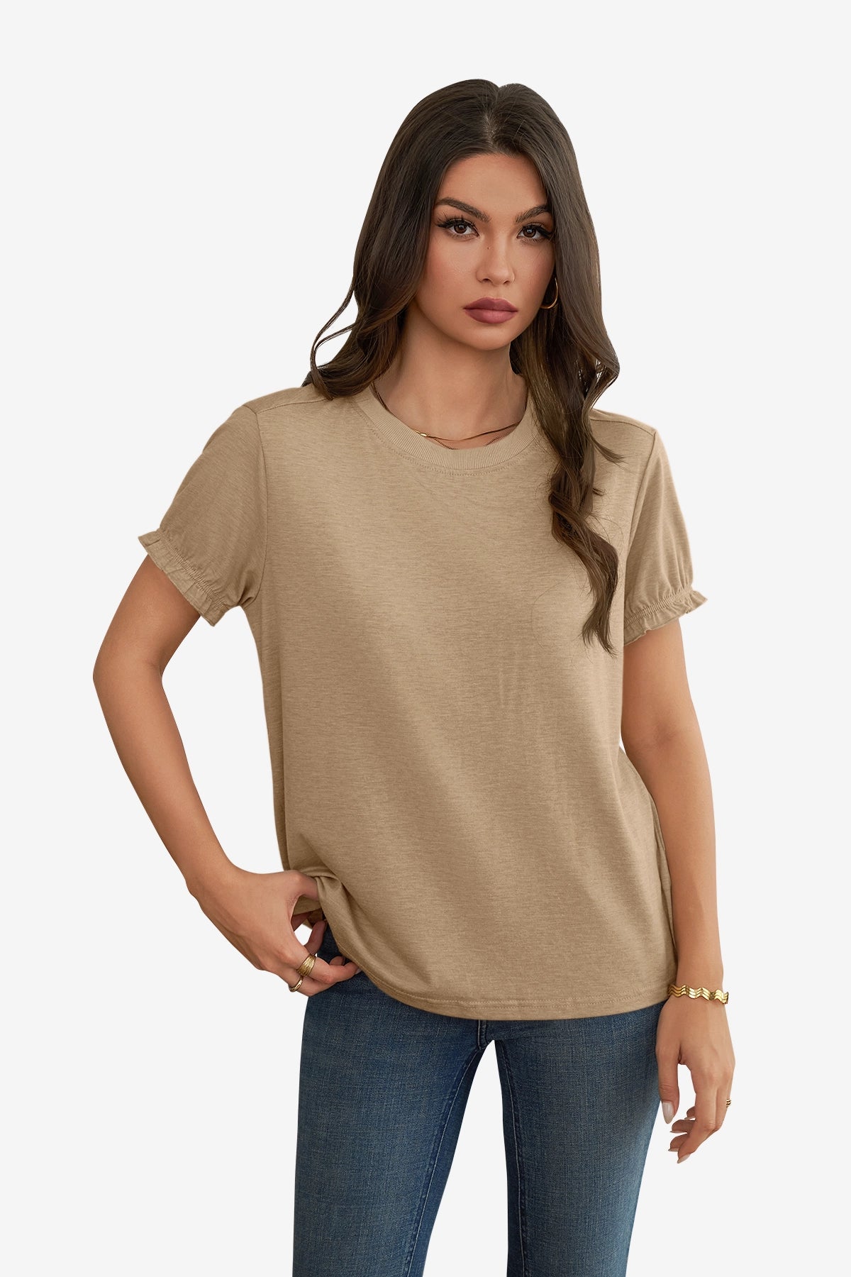 Womens Khaki Ruffle Short Sleeve T Shirt 1