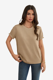Womens Khaki Ruffle Short Sleeve T Shirt 1