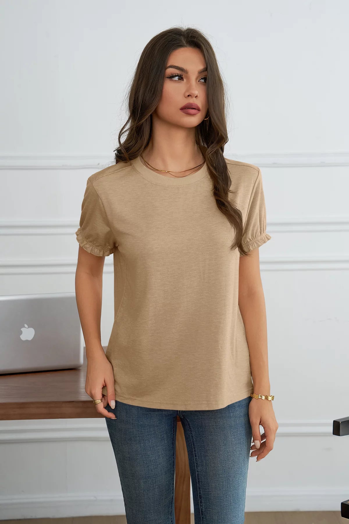 Womens Khaki Ruffle Short Sleeve T Shirt | CicyBell