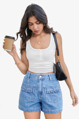 Womens Light Blue Elastic High Waisted Jean Shorts 1