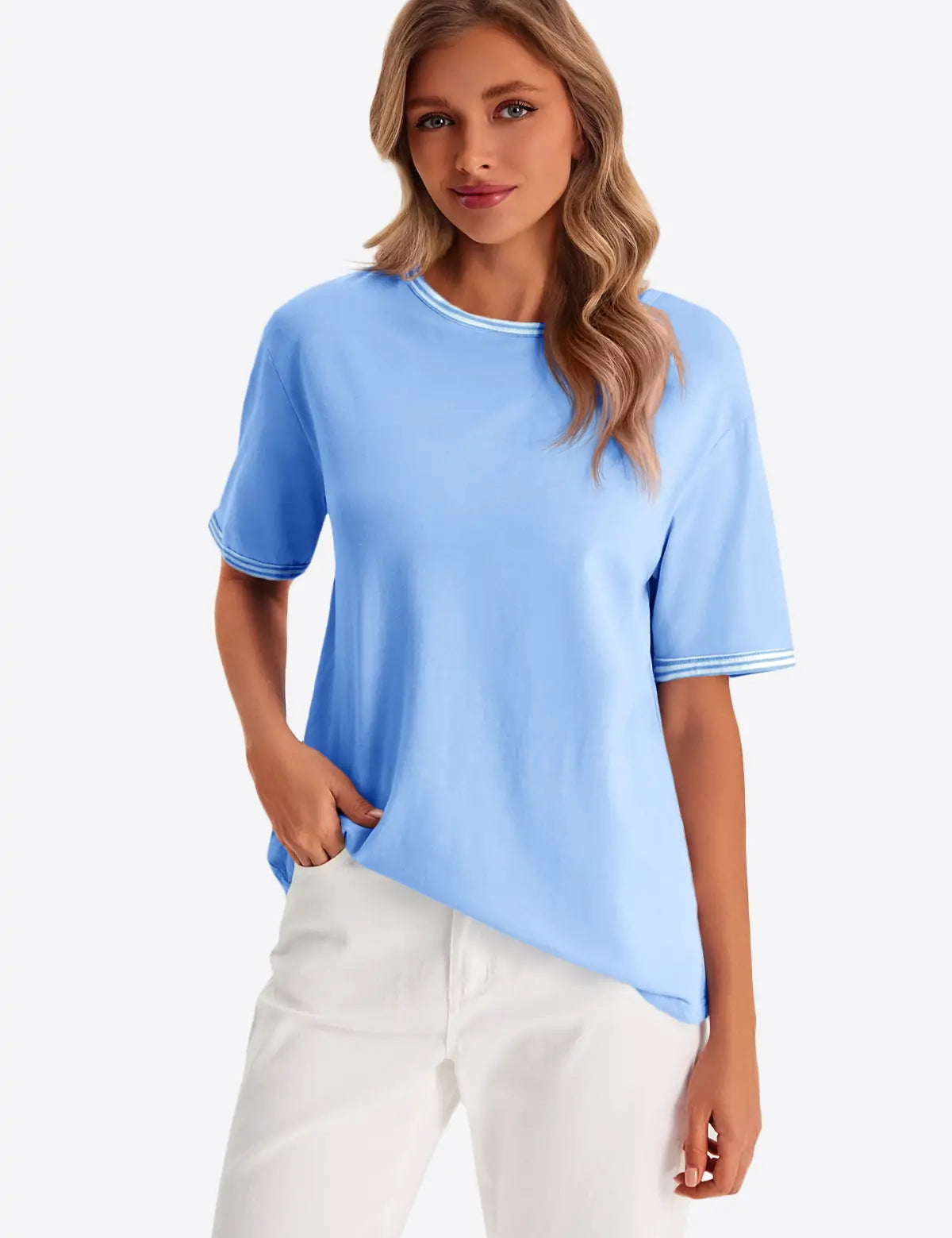 Womens Light Blue Summer Crew Neck T Shirts 1