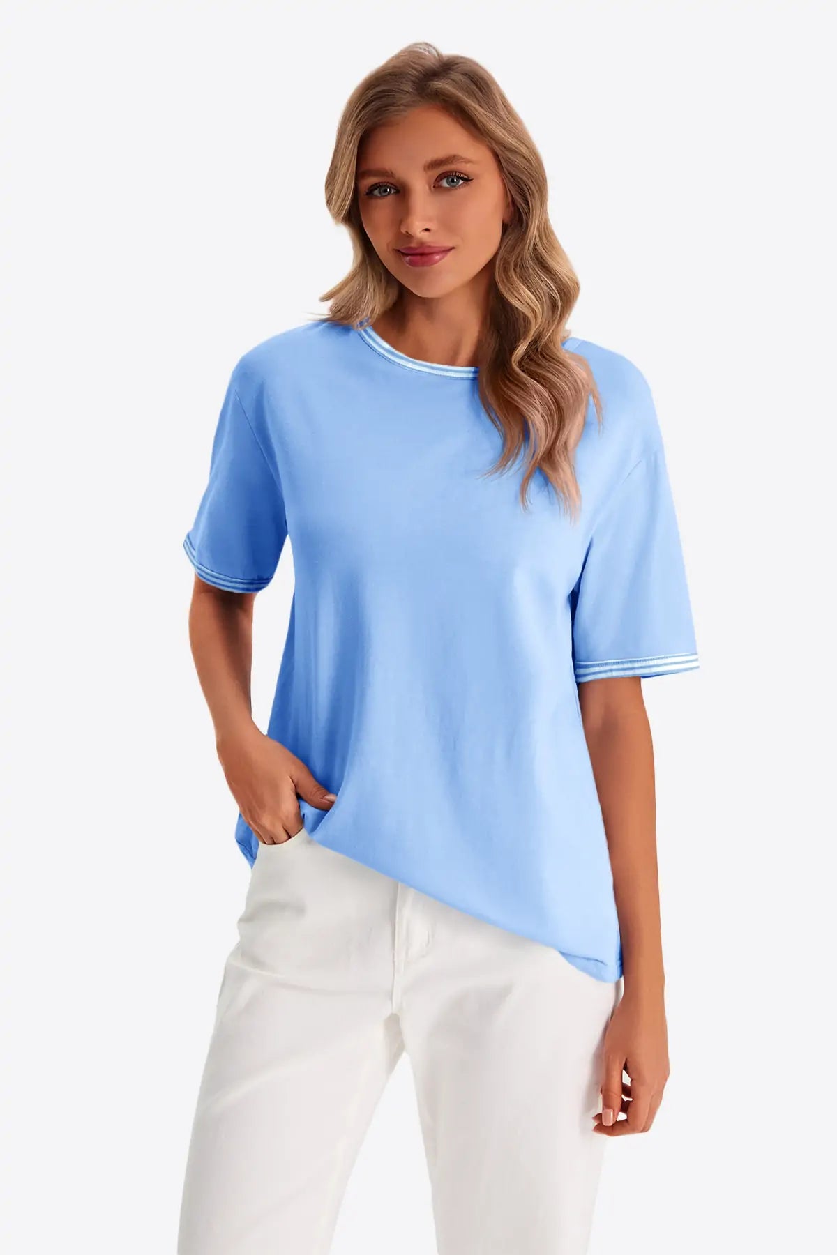 Womens Light Blue Summer Crew Neck T Shirts 1