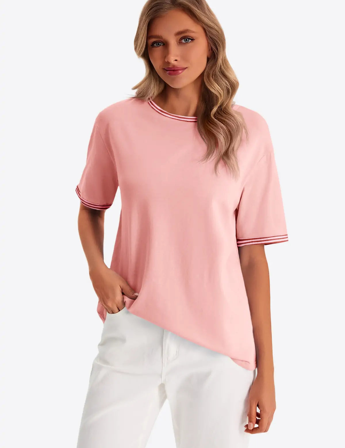 Womens Light Pink Summer Crew Neck T Shirts 1