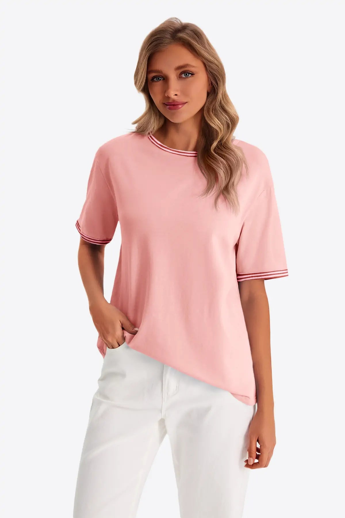 Womens Light Pink Summer Crew Neck T Shirts 1