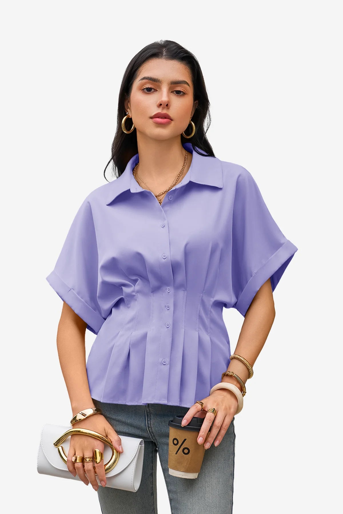 Womens Light Purple Pleated Button-Down Shirt 1