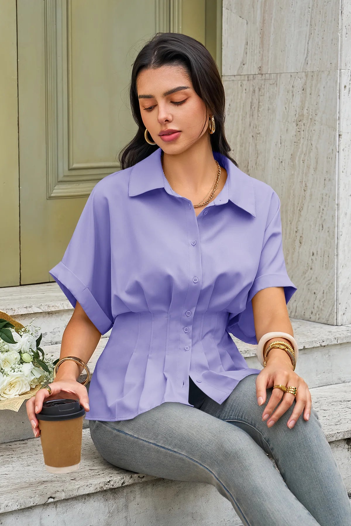 Womens Light Purple Pleated Button-Down Shirt 2
