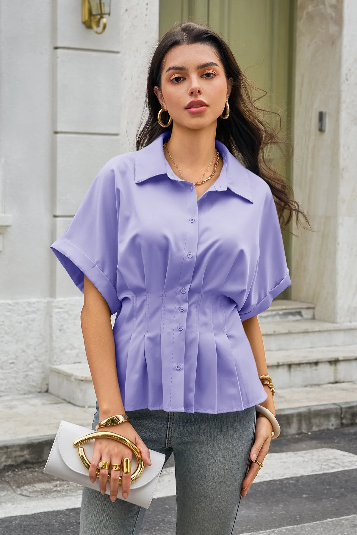 Womens Light Purple Pleated Button-Down Shirt 3