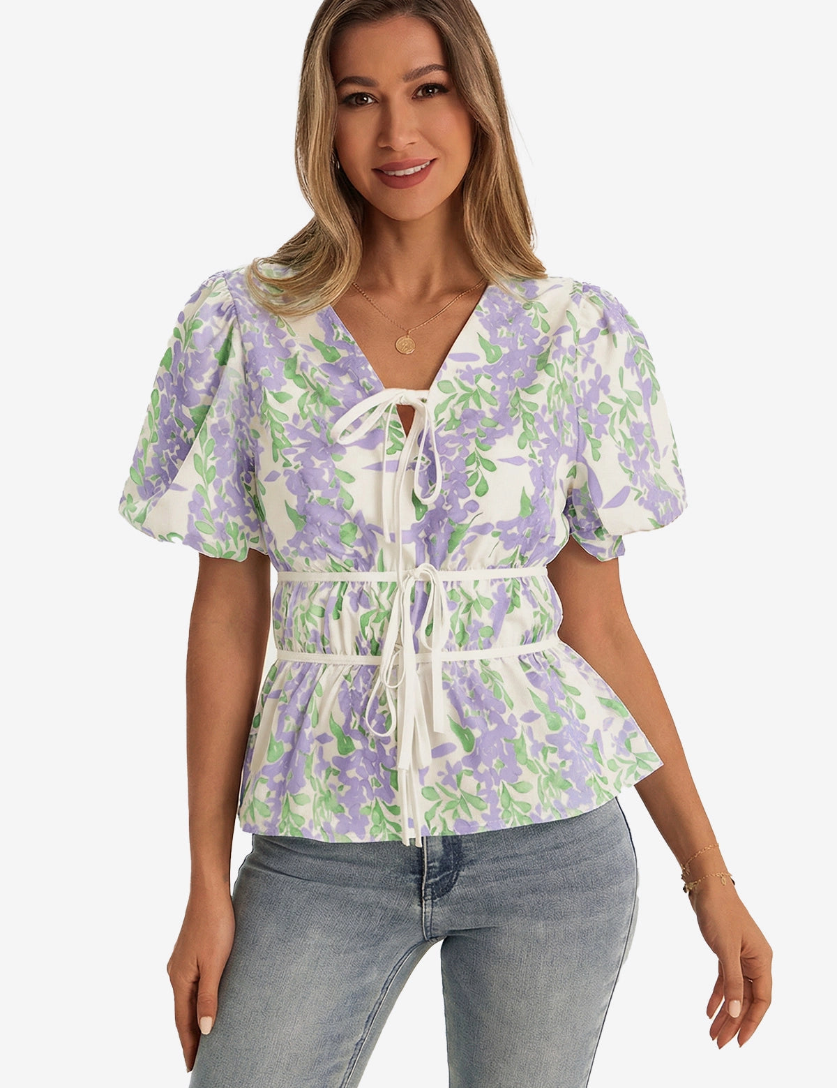 Womens Light Purple Puff Sleeve Floral Print Blouses 1
