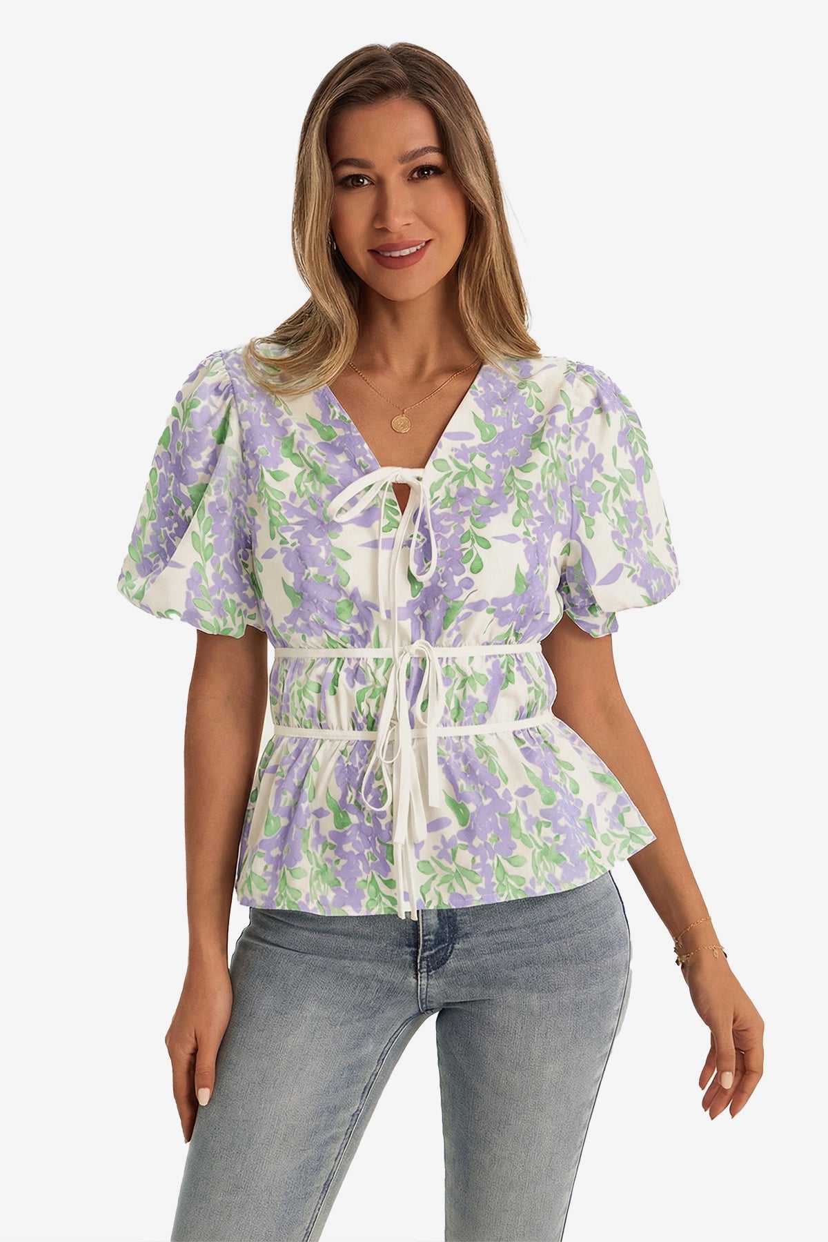 Womens Light Purple Puff Sleeve Floral Print Blouses 1