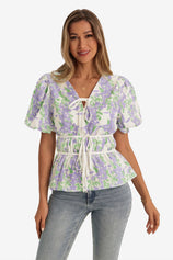 Womens Light Purple Puff Sleeve Floral Print Blouses 1