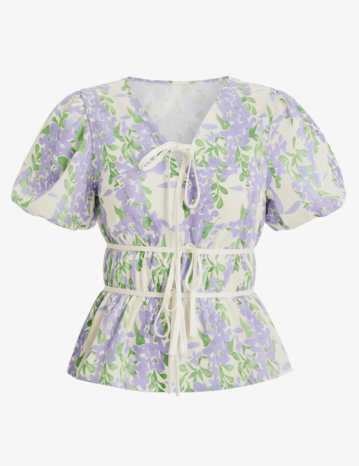 Womens Light Purple Puff Sleeve Floral Print Blouses 2