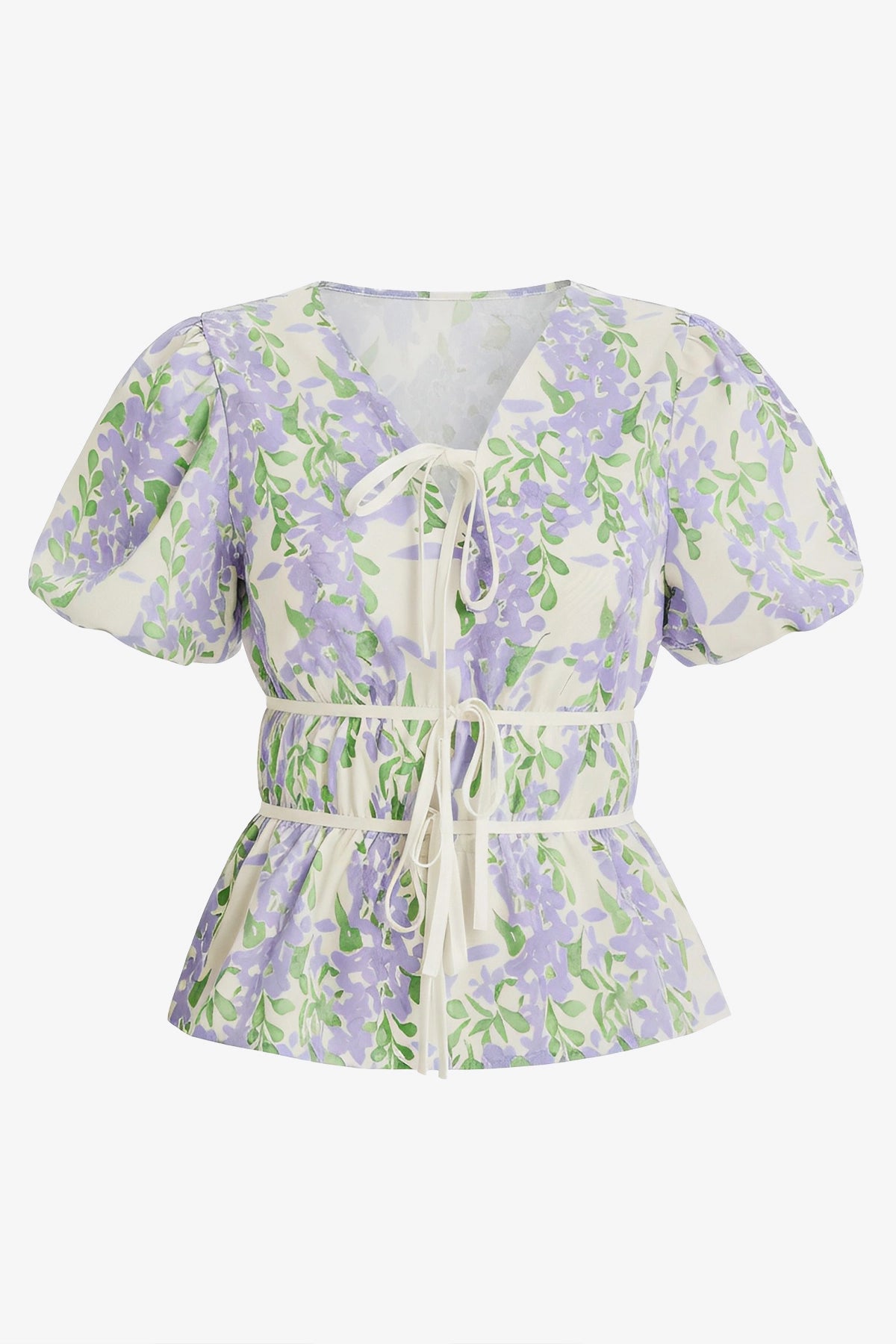 Womens Light Purple Puff Sleeve Floral Print Blouses 2