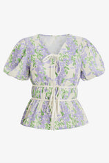 Womens Light Purple Puff Sleeve Floral Print Blouses 2