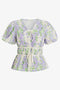 Womens Light Purple Puff Sleeve Floral Print Blouses 2
