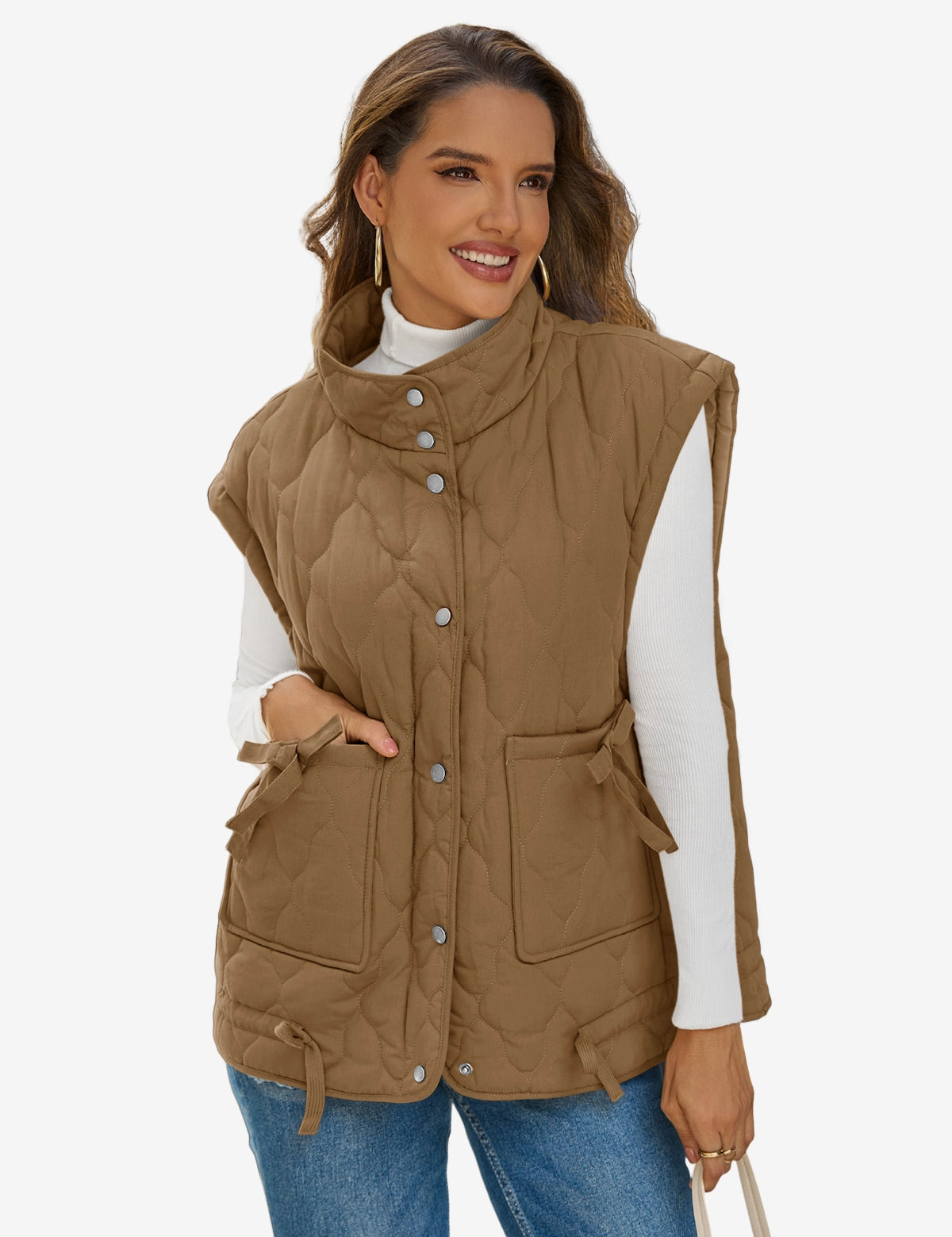 Womens Light Brown Puffer Quilted Vest 1
