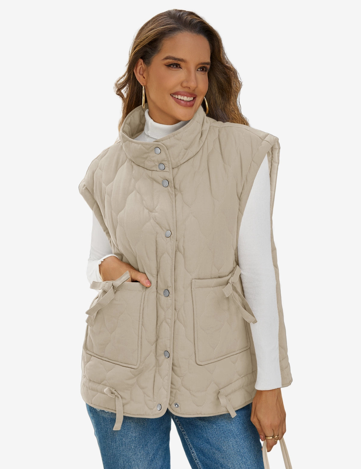 Womens Light Khaki Puffer Quilted Vest 1