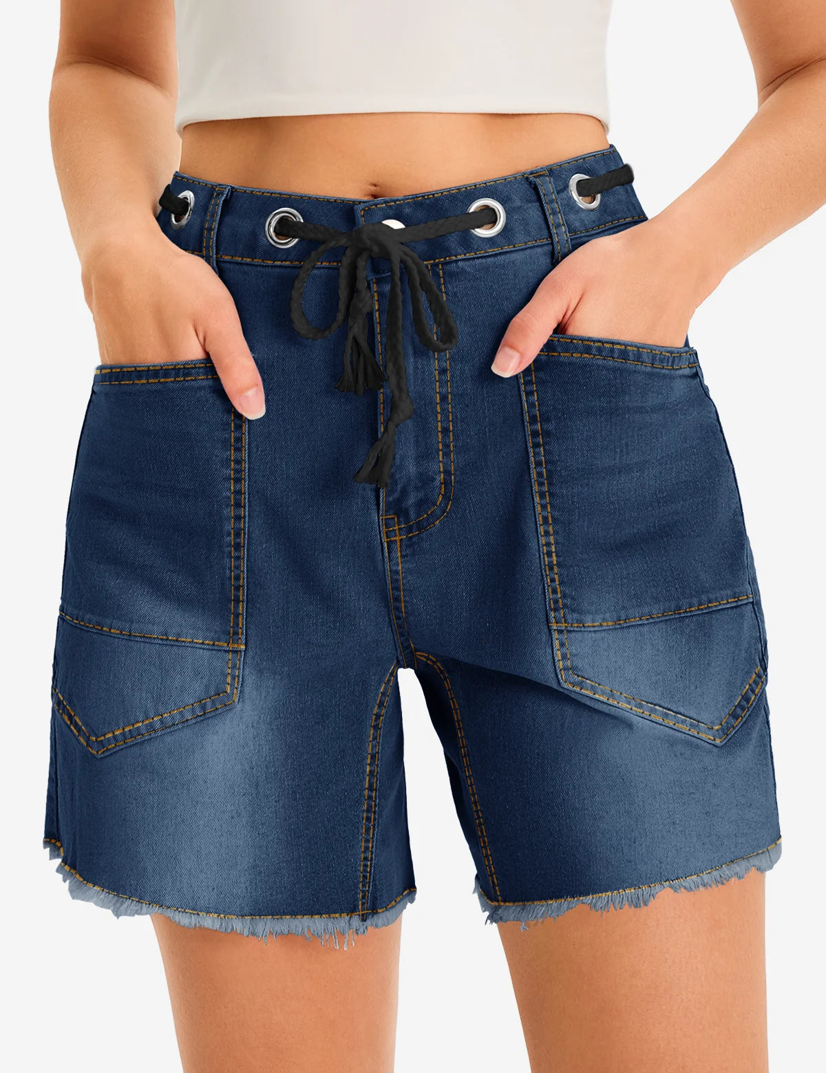 Womens Navy Drawtring Mid Waist Denim Shorts 1