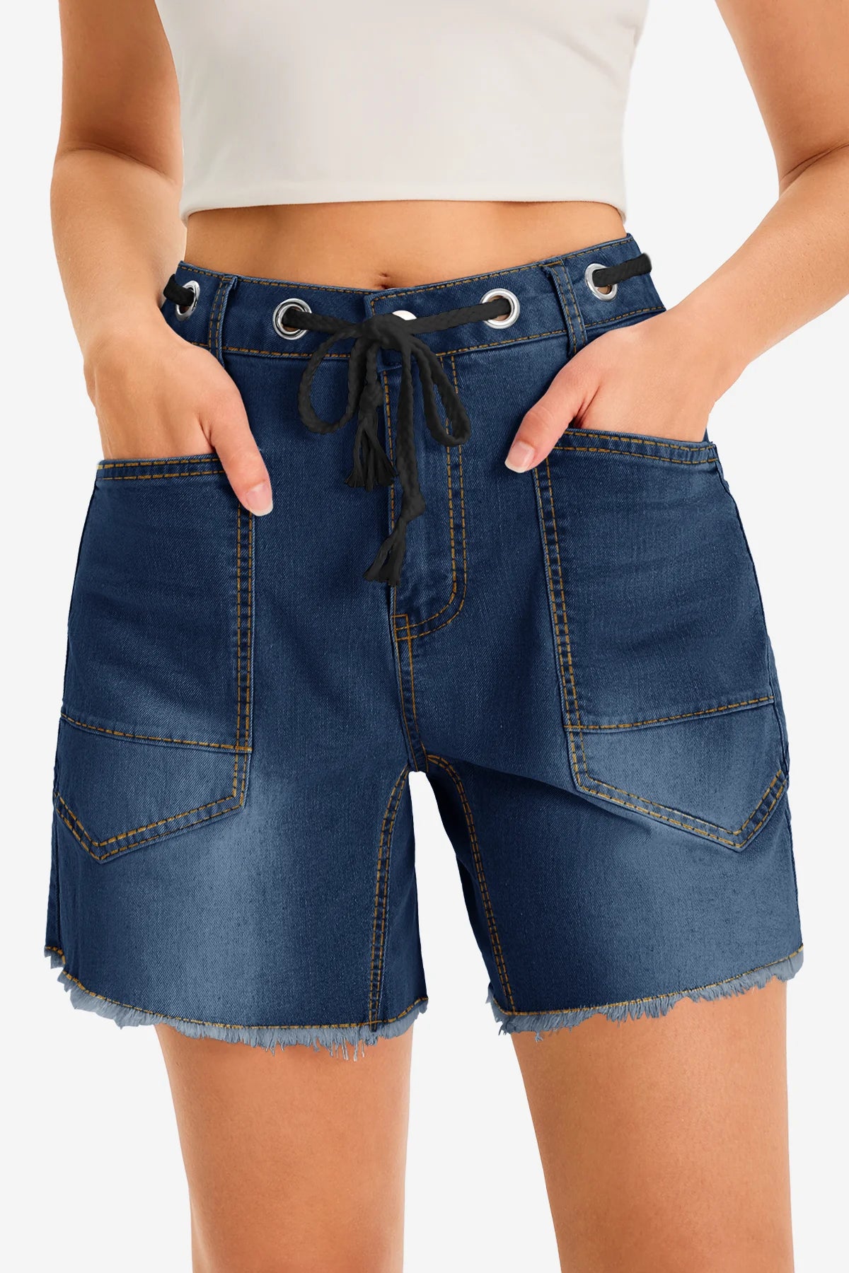 Womens Navy Drawtring Mid Waist Denim Shorts 1