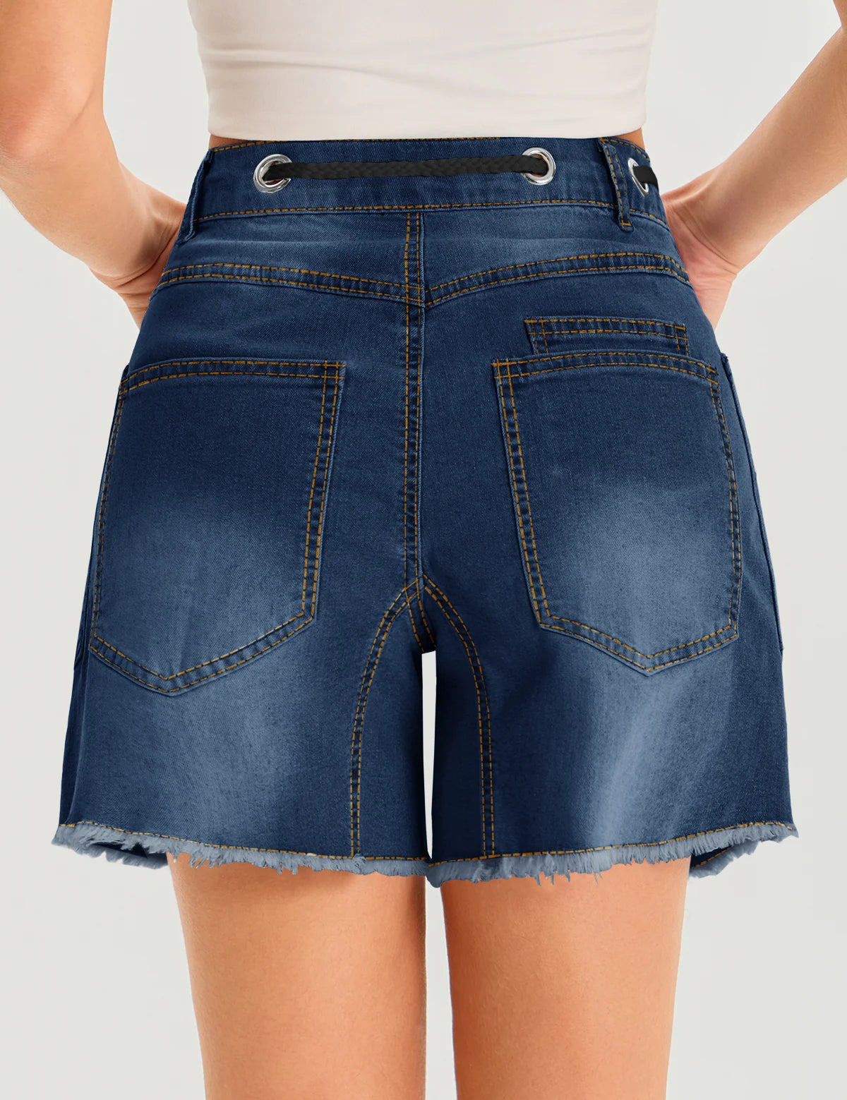 Womens Navy Drawtring Mid Waist Denim Shorts 2