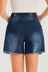 Womens Navy Drawtring Mid Waist Denim Shorts 2