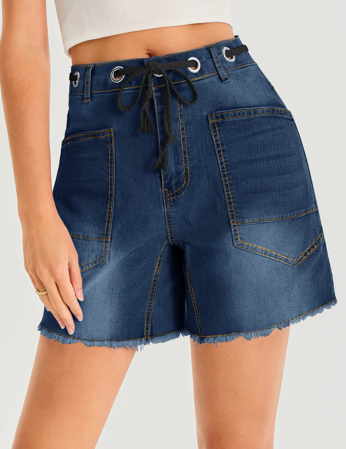 Womens Navy Drawtring Mid Waist Denim Shorts 3