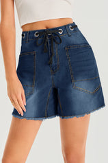 Womens Navy Drawtring Mid Waist Denim Shorts 3