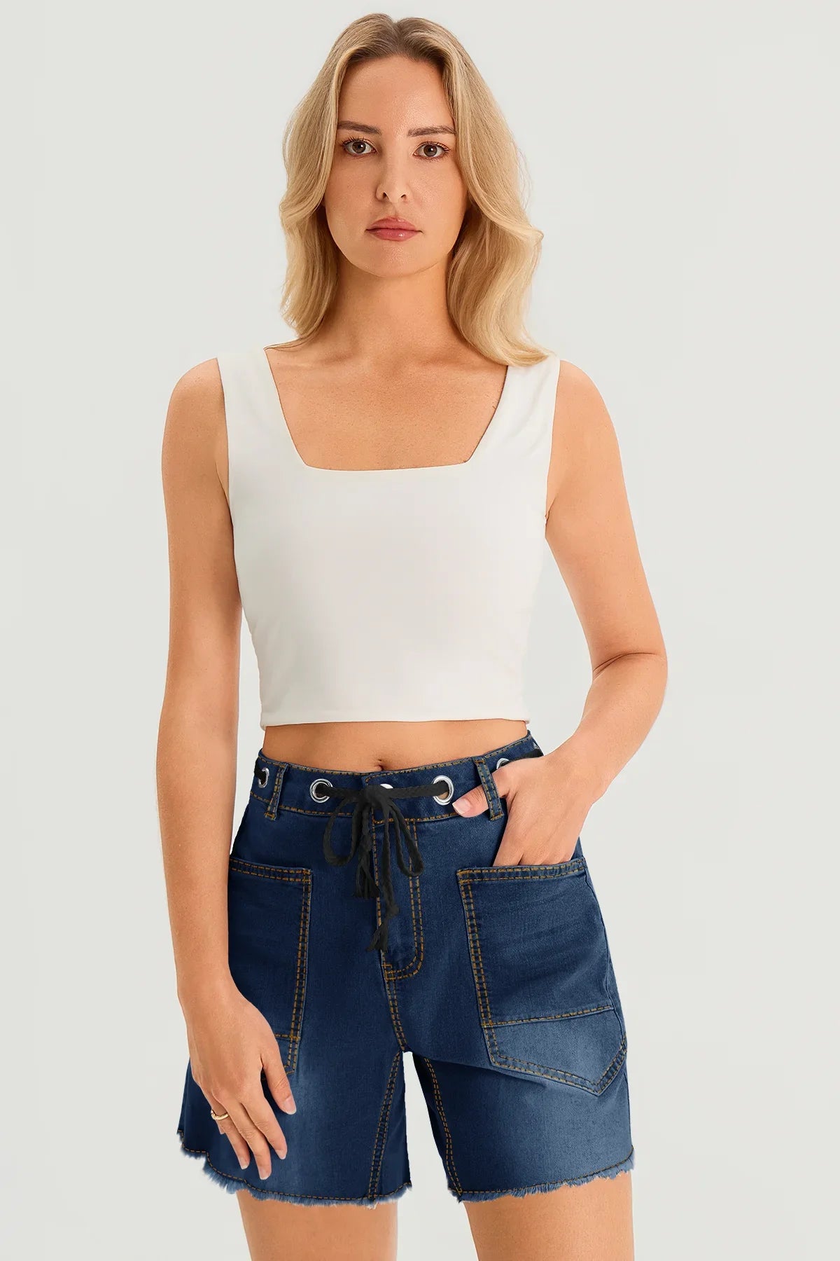Cicy Bell Womens Navy Drawtring Mid Waist Denim Shorts
