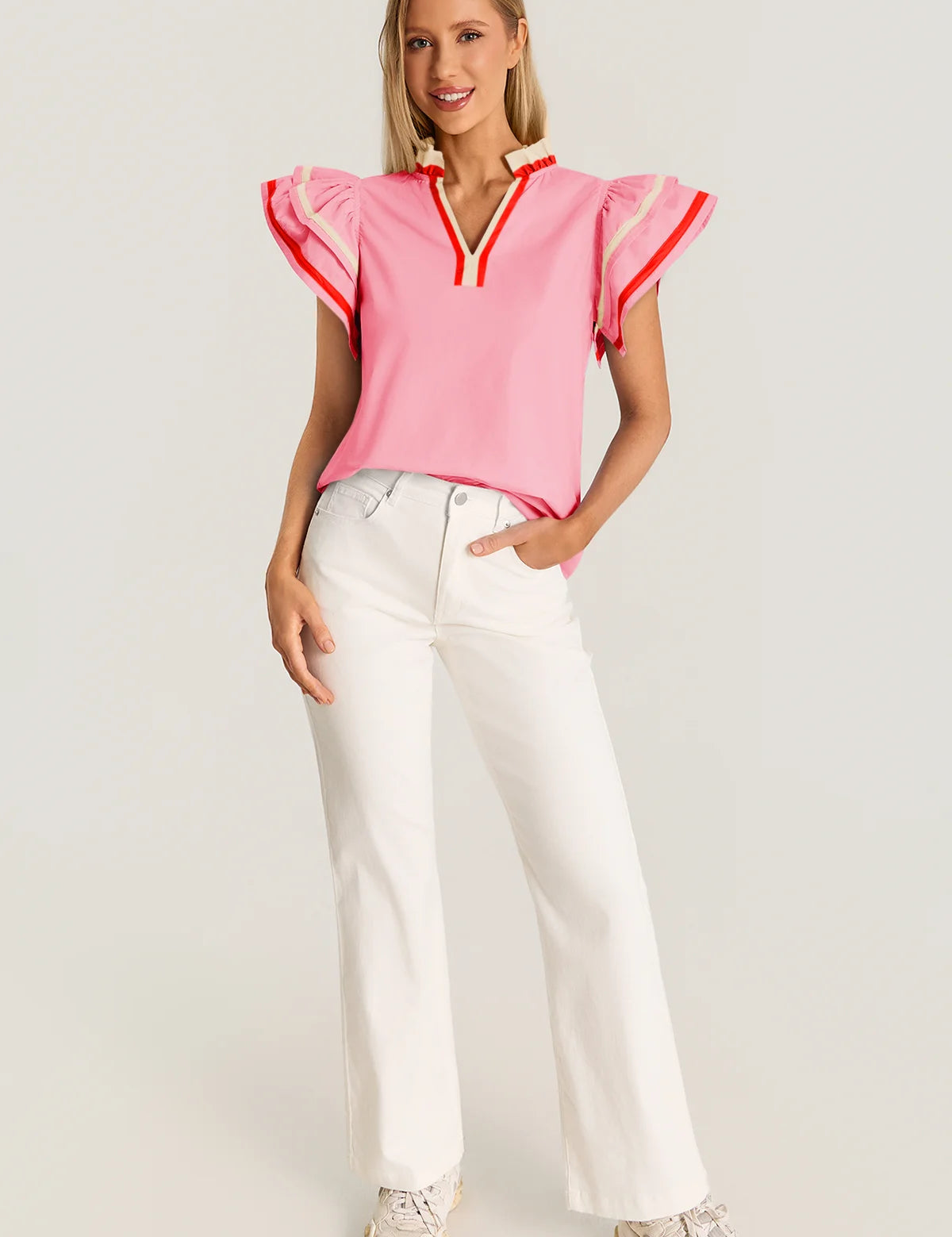 Womens Pink Color Block Blouses 2