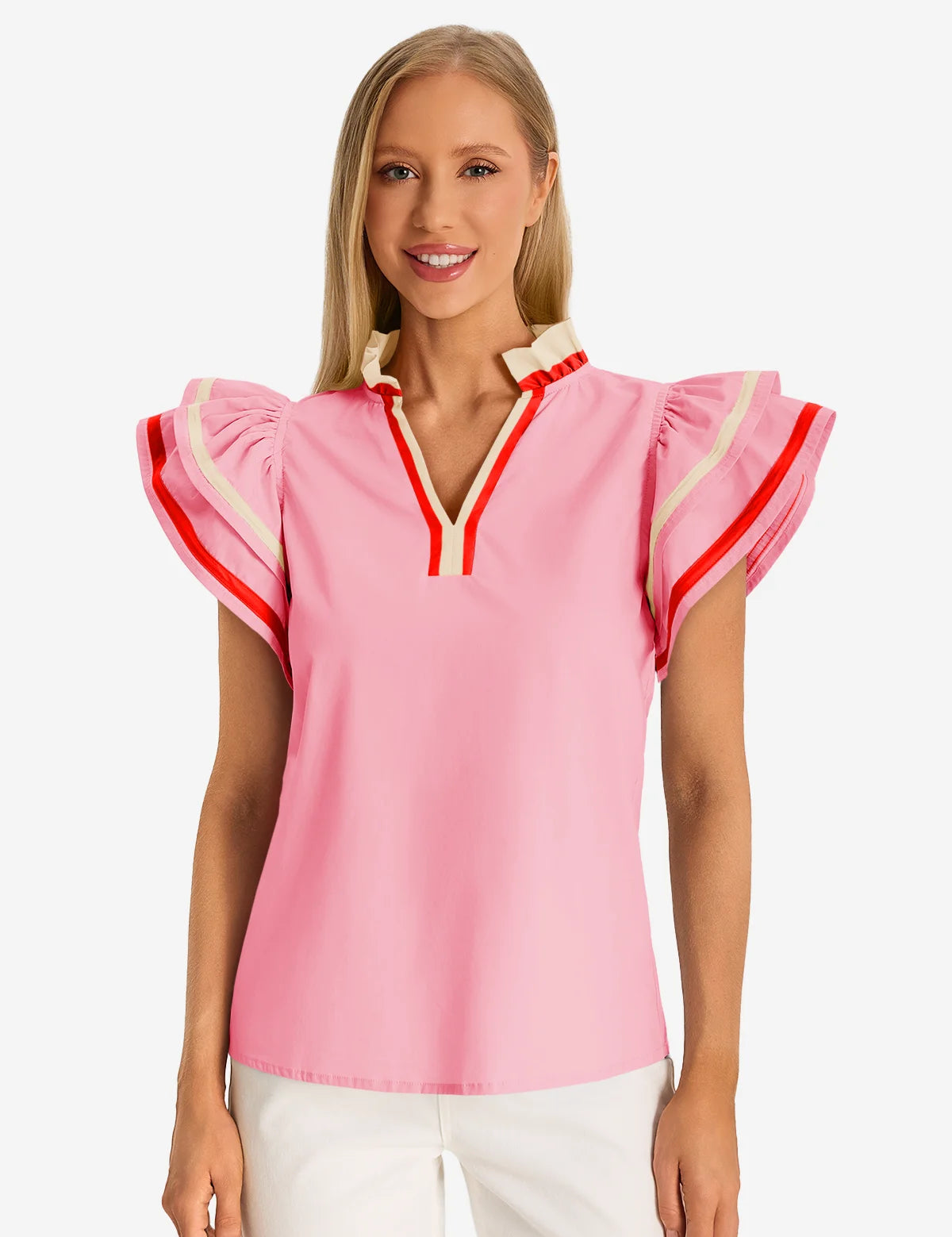 Womens Pink Color Block Blouses 1
