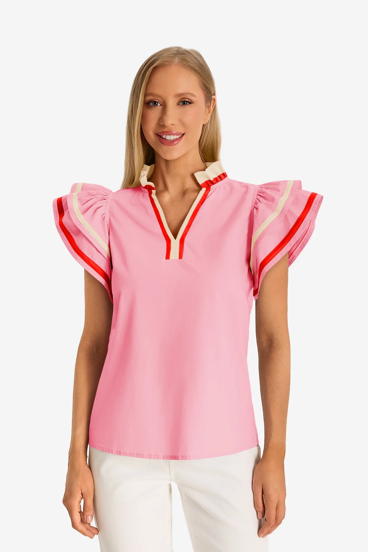 Womens Pink Color Block Blouses 1