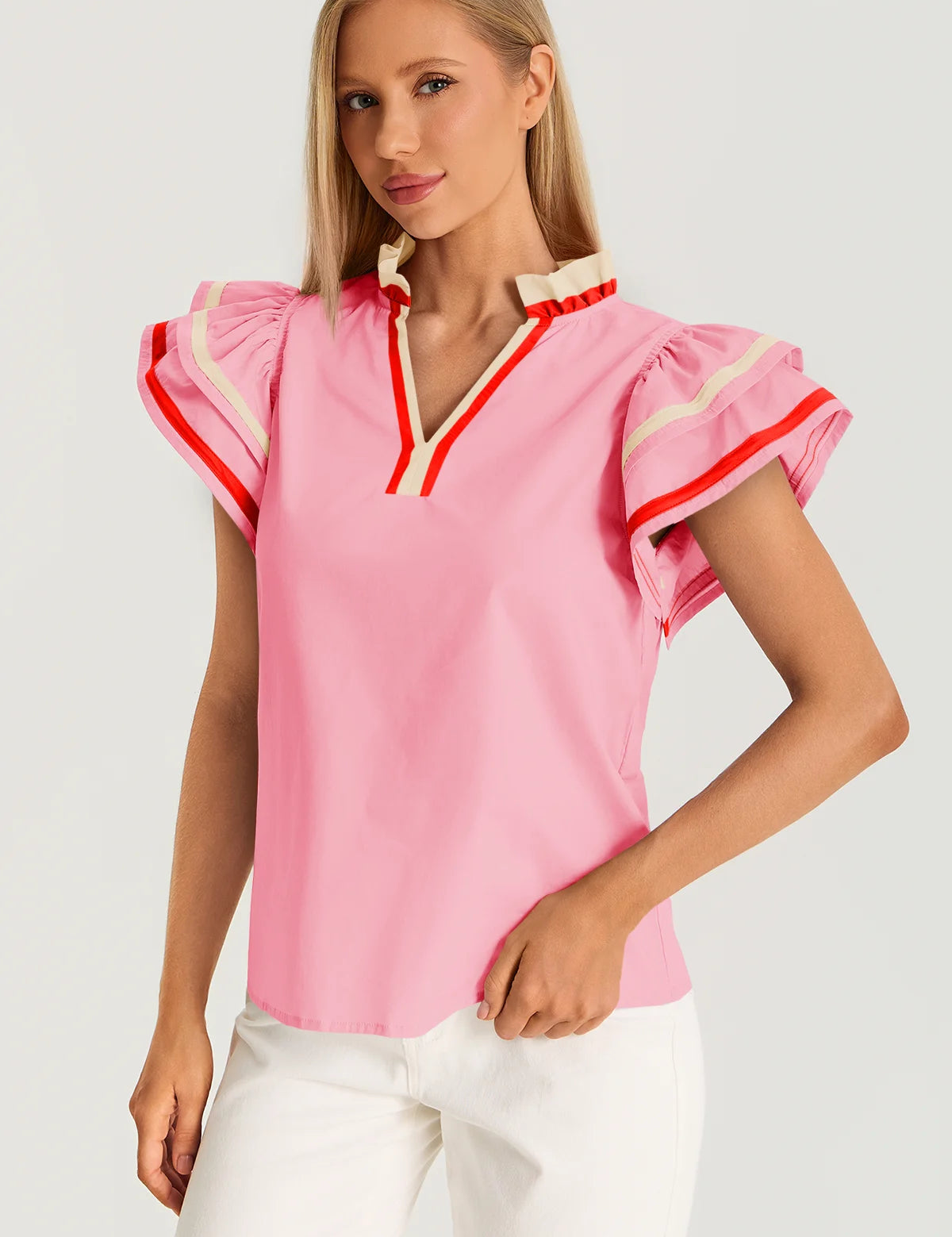 Womens Pink Color Block Blouses 3