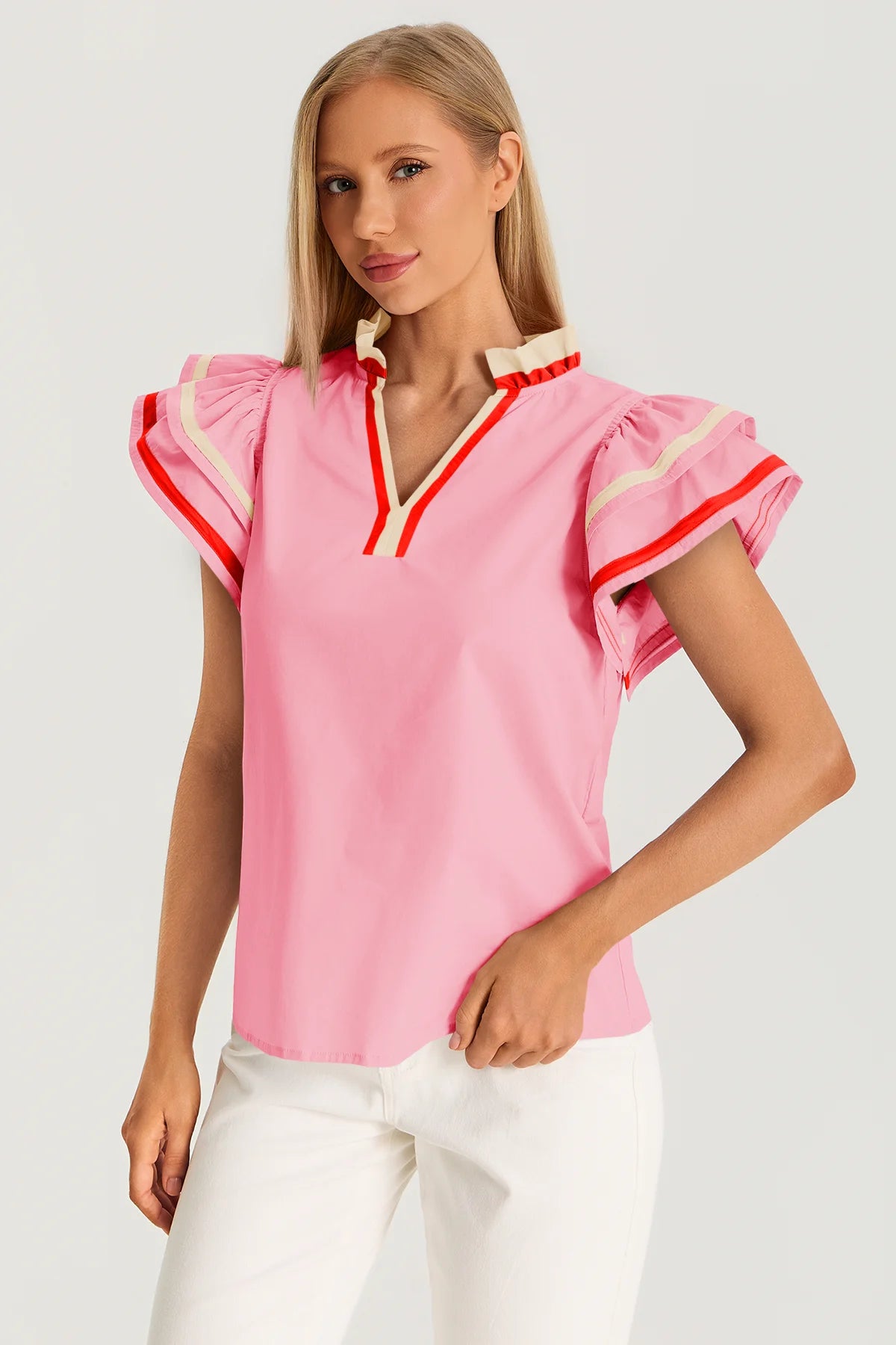 Womens Pink Color Block Blouses 3