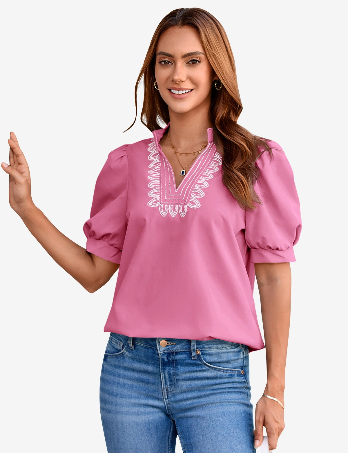 Womens Pink Puff Short Sleeve Blouses 1
