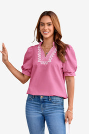 Womens Pink Puff Short Sleeve Blouses 1