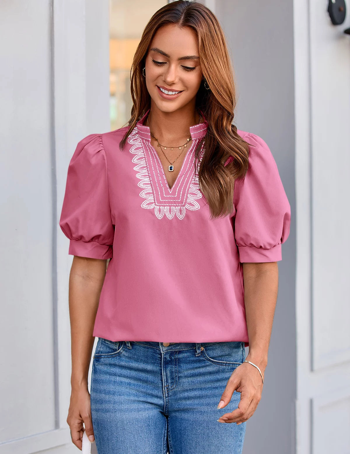 Womens Pink Puff Short Sleeve Blouses 2
