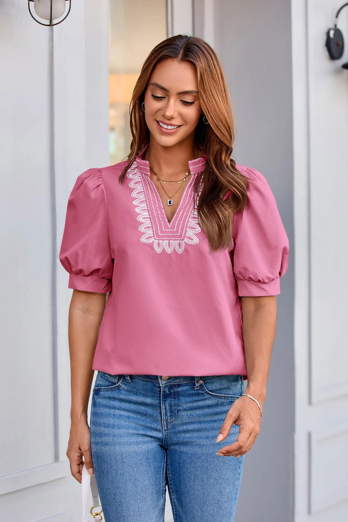 Womens Pink Puff Short Sleeve Blouses 2