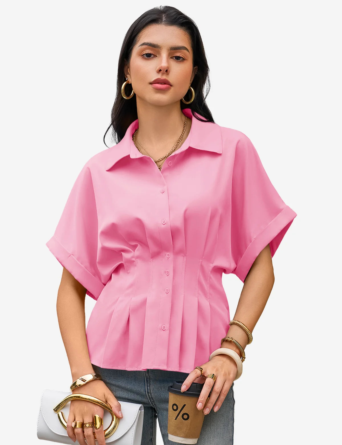Womens Pink Pleated Button-Down Shirt 1