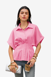 Womens Pink Pleated Button-Down Shirt 1