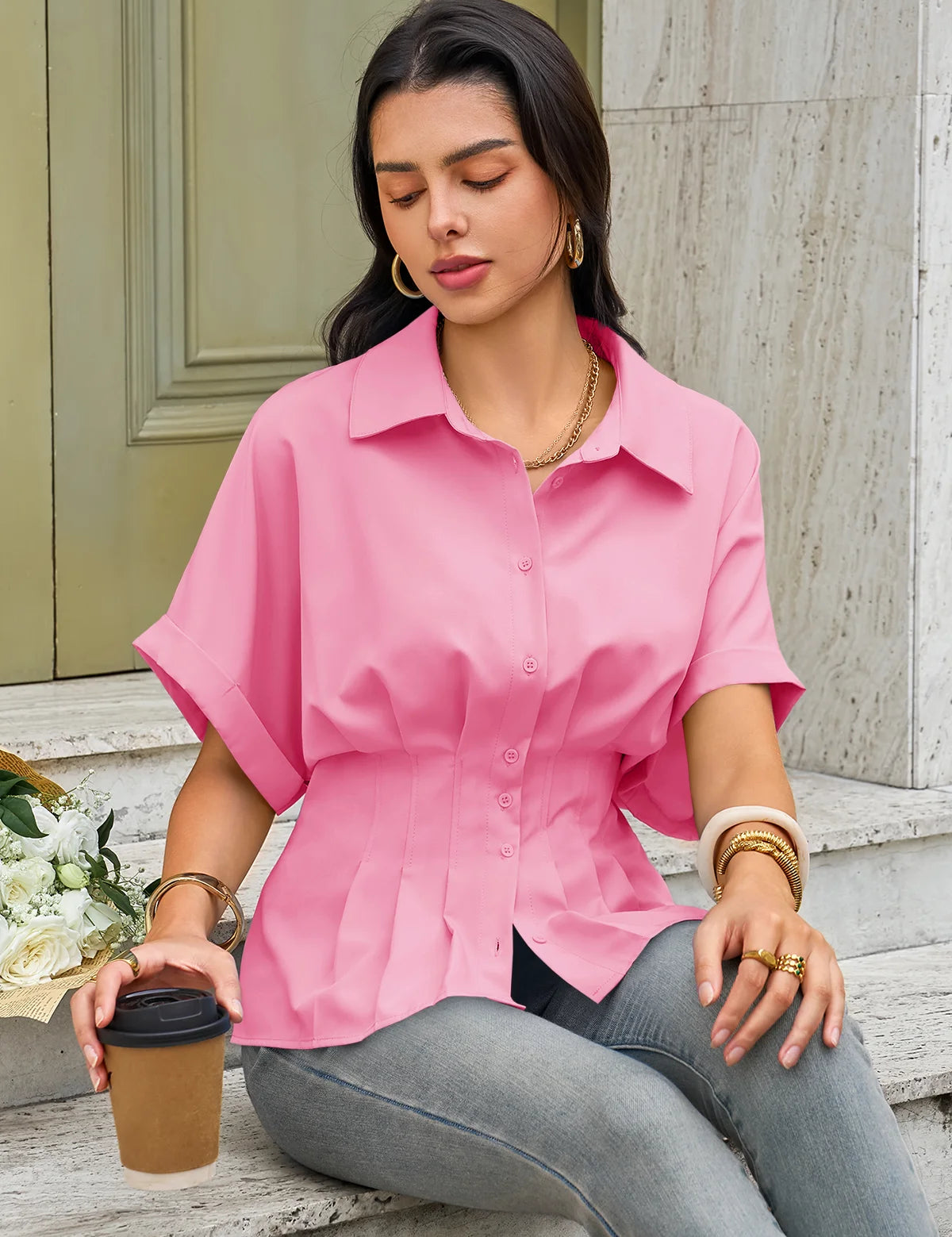 Womens Pink Pleated Button-Down Shirt 2