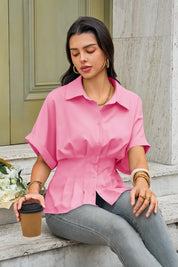 Womens Pink Pleated Button-Down Shirt 2