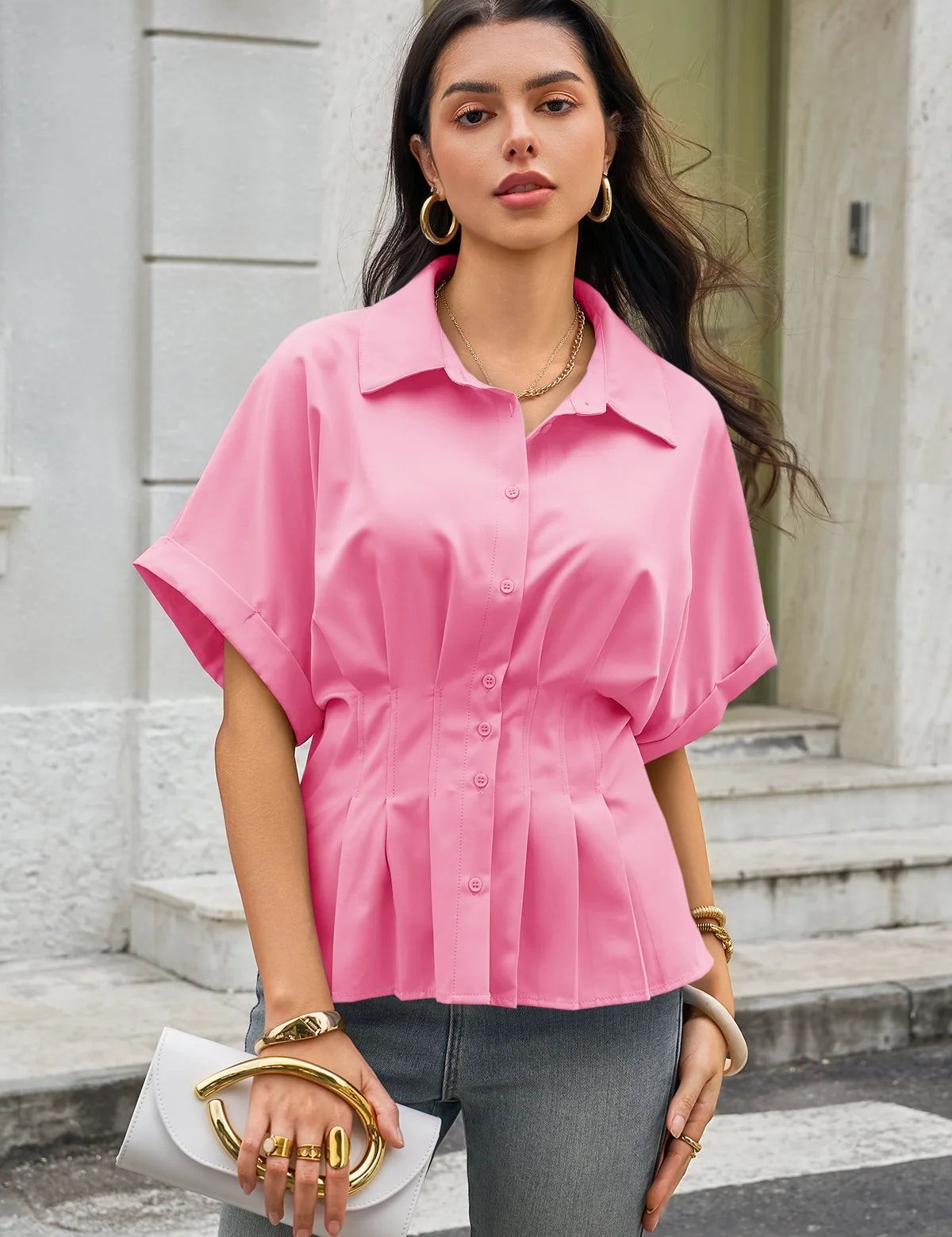 Womens Pink Pleated Button-Down Shirt 3