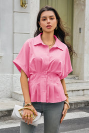 Womens Pink Pleated Button-Down Shirt 3